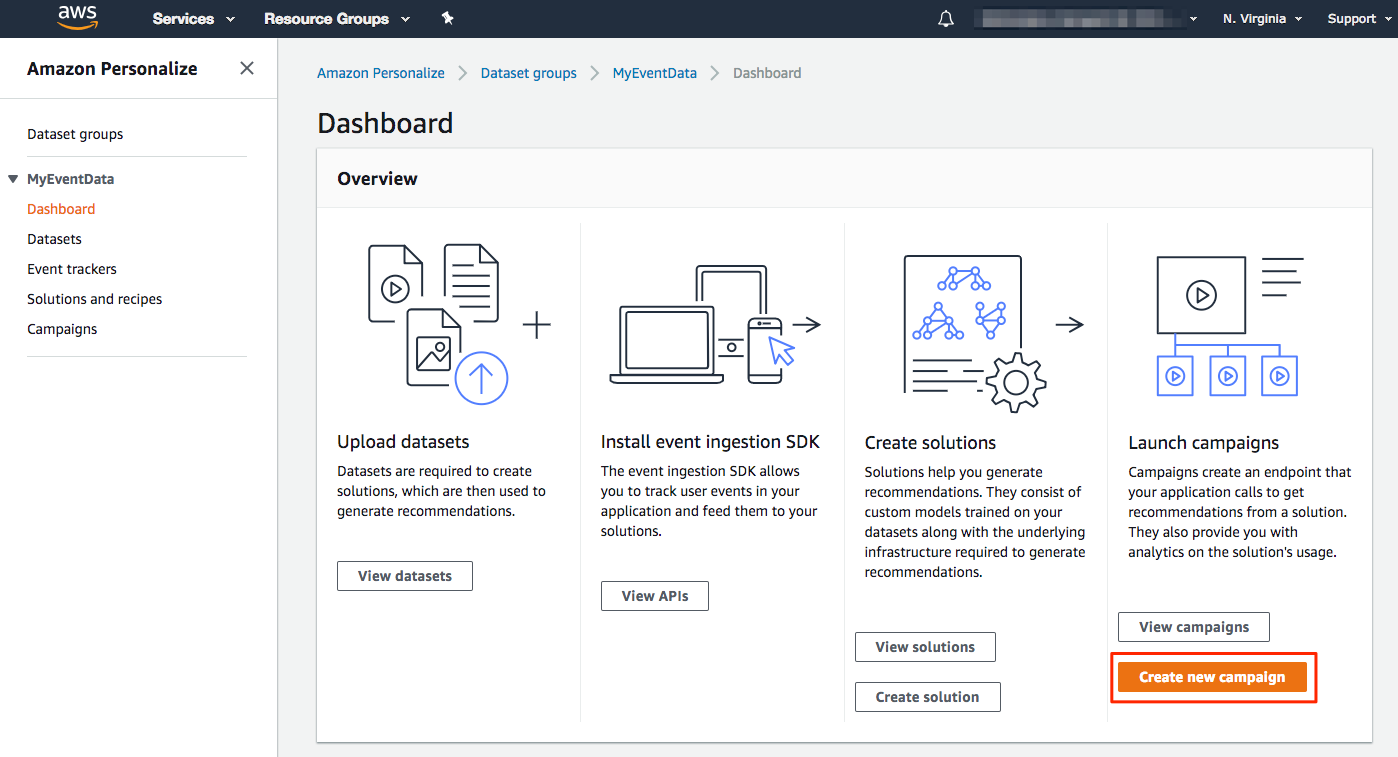 A screenshot of the Dataset Group Dashboard, with a box around the Create new campaign button in the Launch Campaigns column.