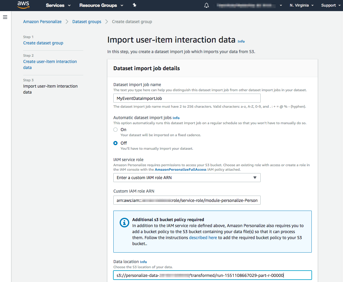 A screenshot of the Import user-item interaction data, with the Data Location field present.