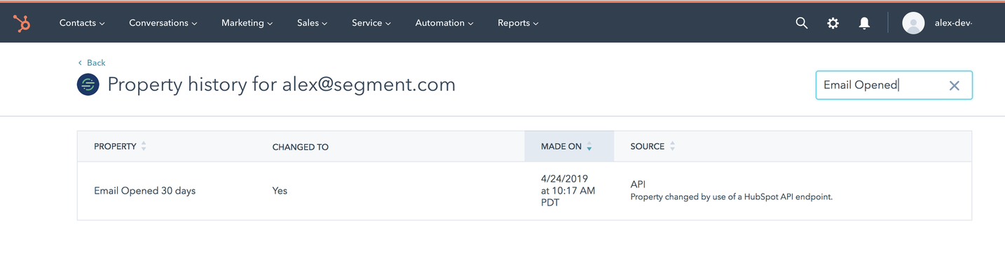 A screenshot of the Property history for the profile present in the Profiles debugger.