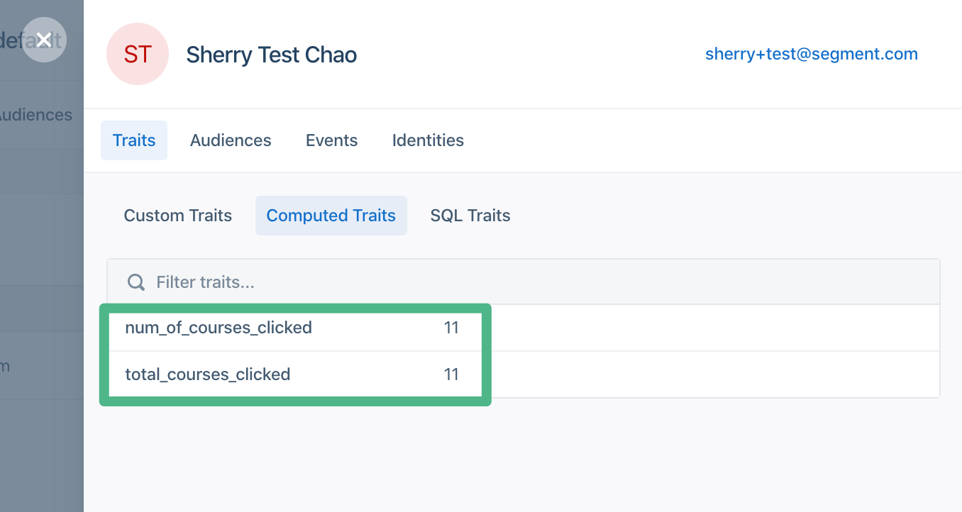 A screenshot of a profile in Segment, with the Traits tab selected.