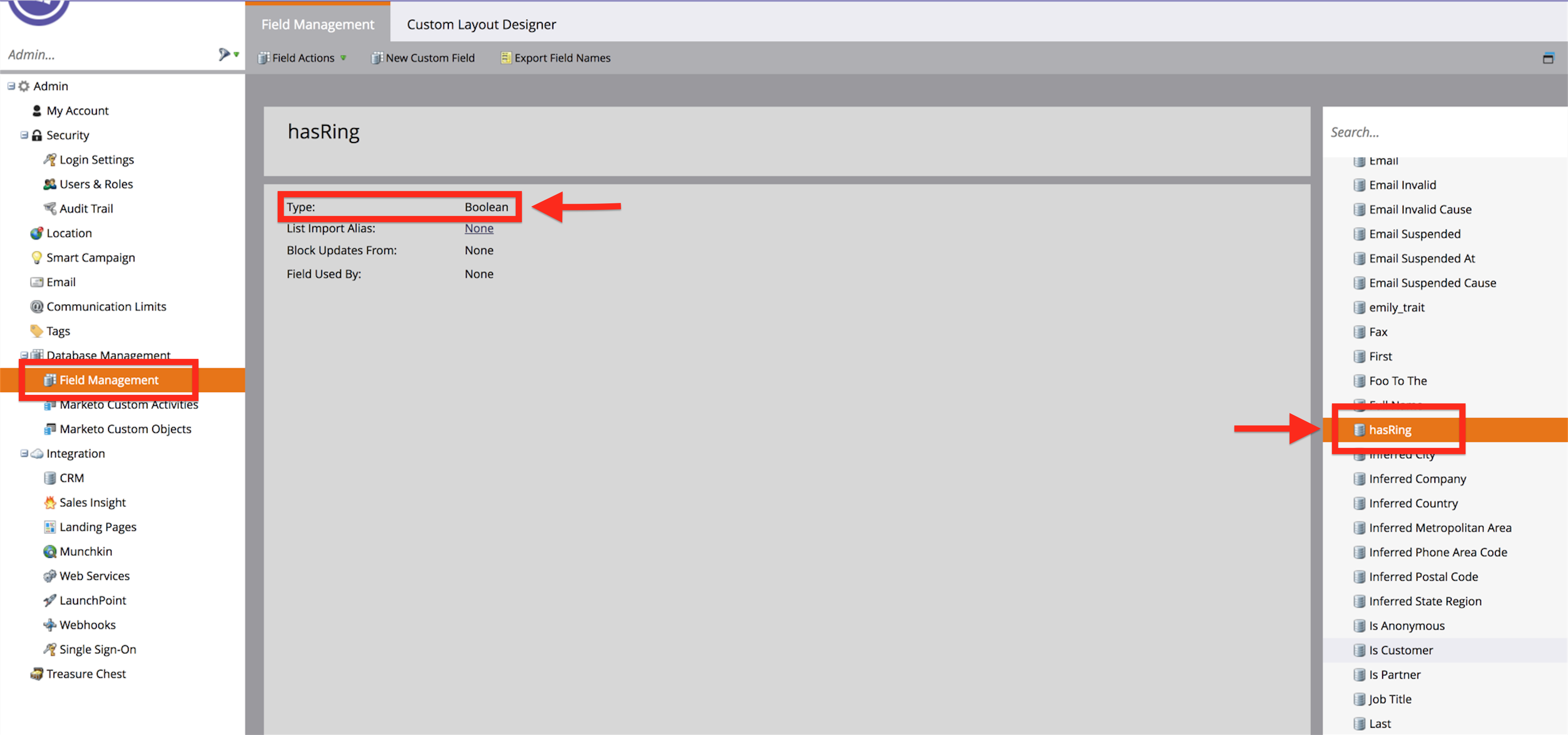 A screenshot of the Marketo Field Management tab.