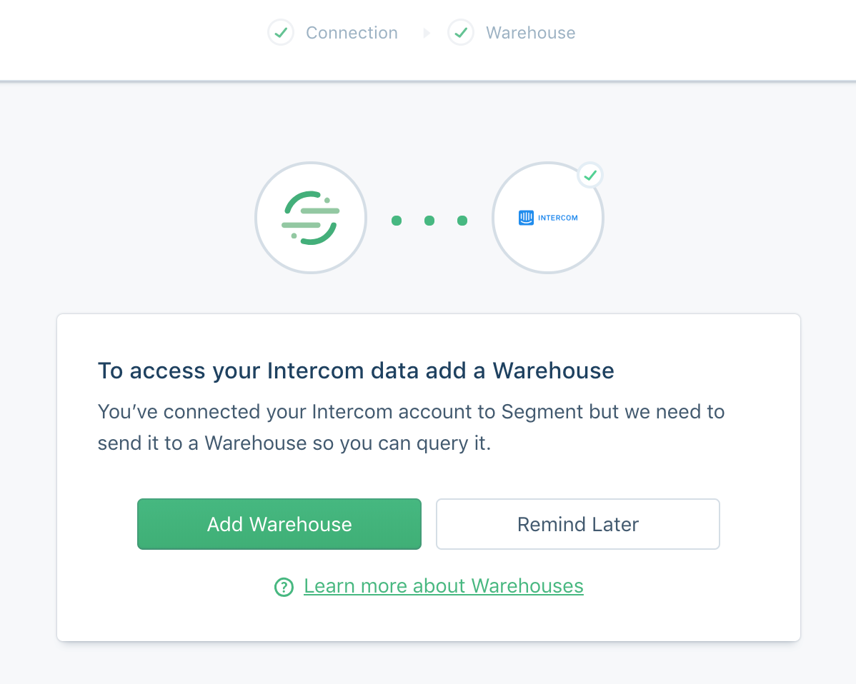 Screenshot of the Add Warehouse screen in the Intercom setup flow.