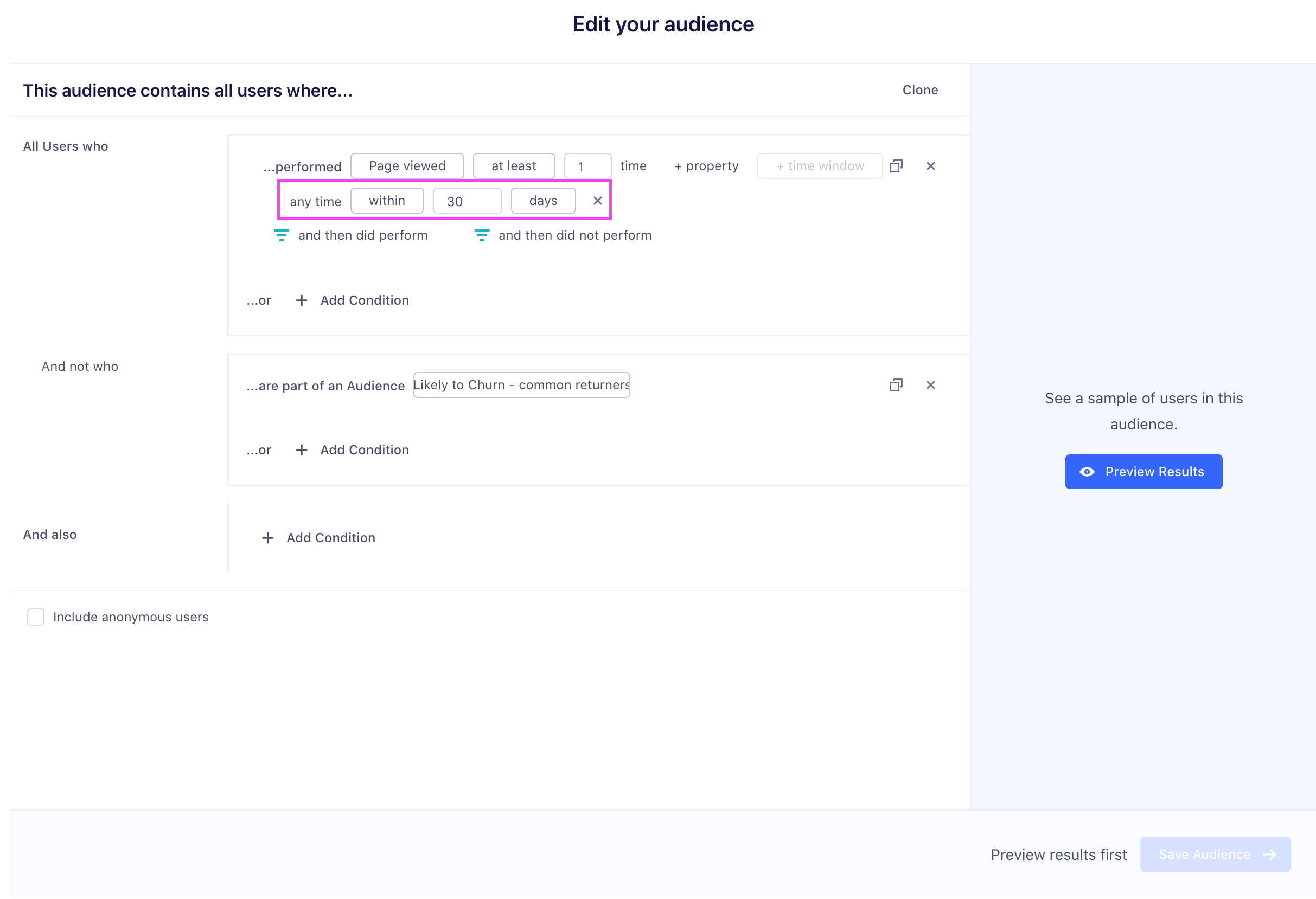 The historical look back settings in the Audience builder