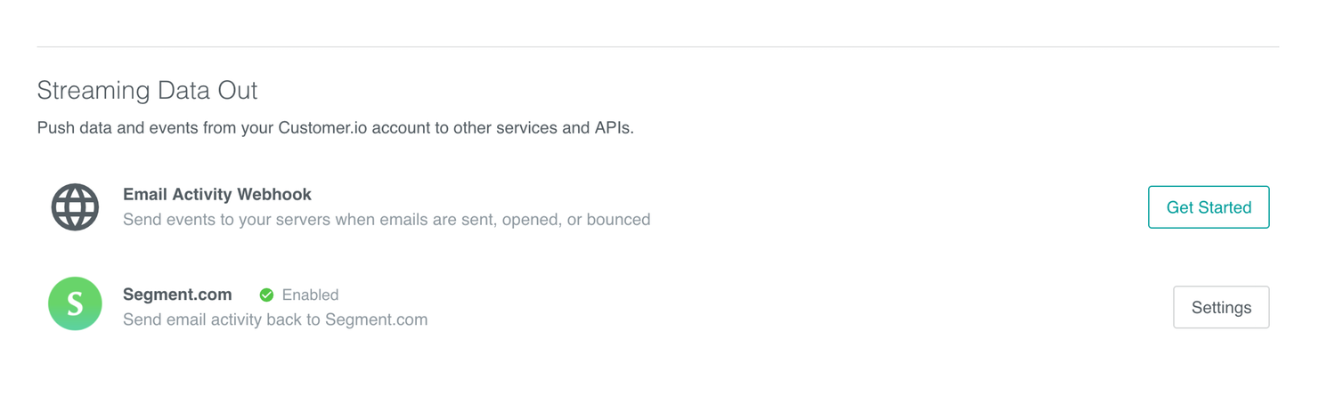 Screenshot of the Streaming Data Out page in Customer.io, with an enabled Segment.com option.