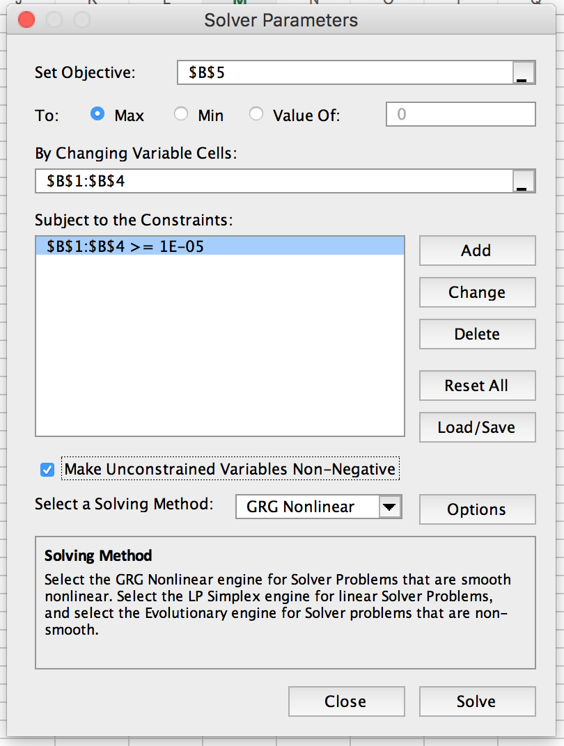 Screenshot of the Solver Parameters popup in Google Sheets, with the cells B1:B4 set greater than or equal to 1 E to the -5.