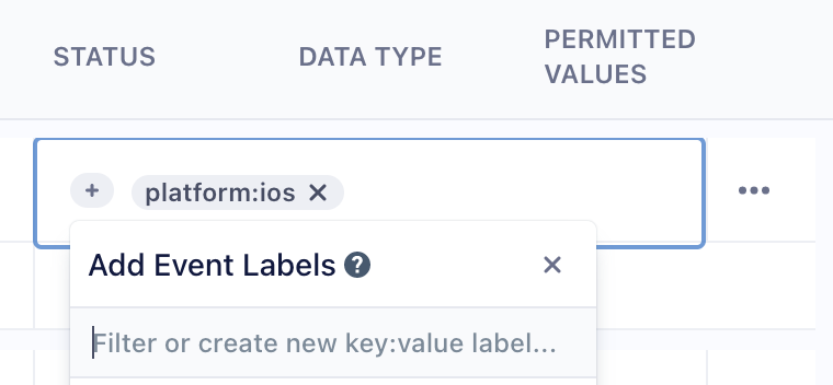 A screenshot of a Tracking Plan, zoomed in to show the event labels search bar. A label of "platform:ios" is present in the search bar.